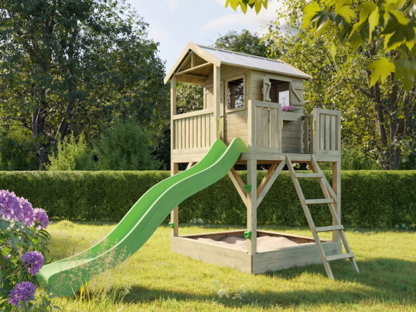 Cabane de jardin sur pilotis Funny XXL avec bac à sable KDI incl. toboggan vert