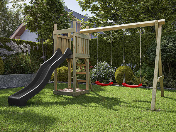 Aire de jeu Skinny en bois autoclave avec portique, 2 balançoires, toboggan gris + sièges rouges