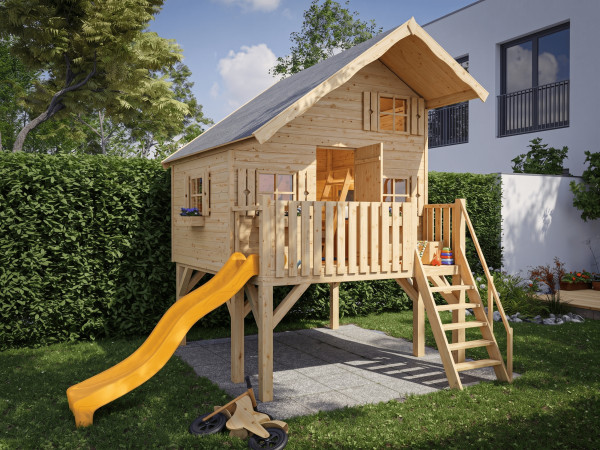 Cabane de jardin sur pilotis Tom XL 15 mm naturel incl. véranda, Échasses et toboggan jaune