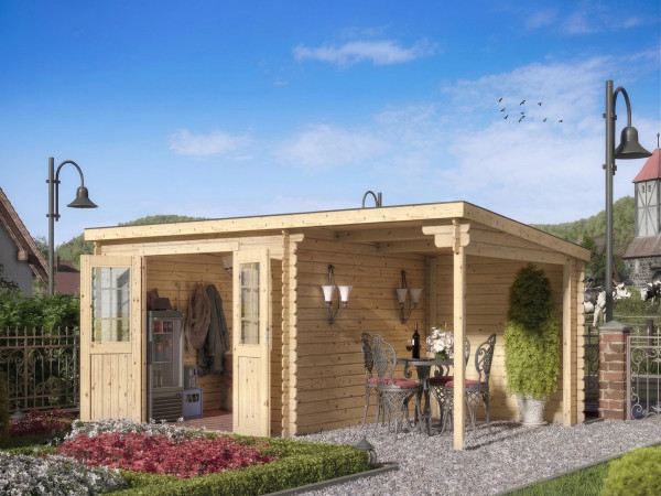 Abri de jardin en bois CA2976 28 mm naturel avec auvent de 2 m