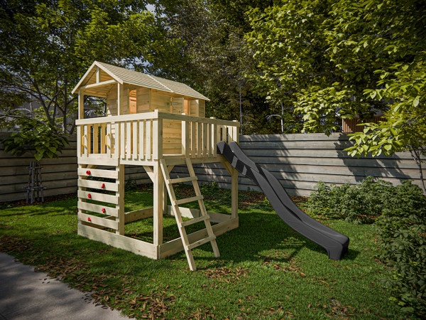 Cabane sur pilotis en bois autoclave avec toboggan gris Noah