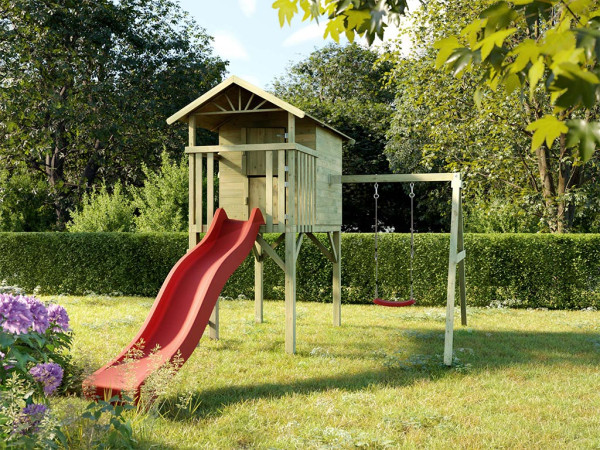 Cabane enfants sur pilotis Tree Hut KDI avec balançoire individuelle et toboggan rouge
