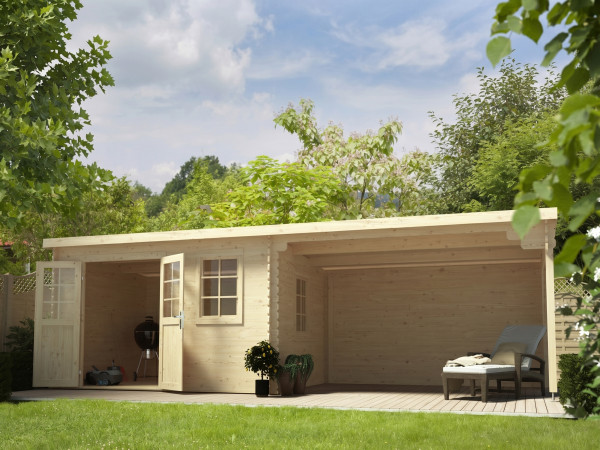 Abri de jardin en bois CA2988 28 mm naturel avec auvent de 4 m