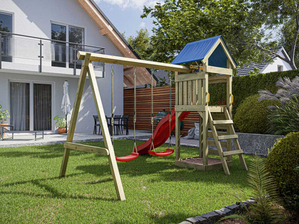 Aire de jeux Easy en bois autoclave avec portique double, toboggan rouge et sièges rouges