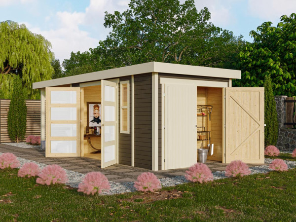 Abri de jardin SET ÉCONOMIQUE Münster 2 19 mm gris terra avec toit en appentis 2,4 m + armoire en ap