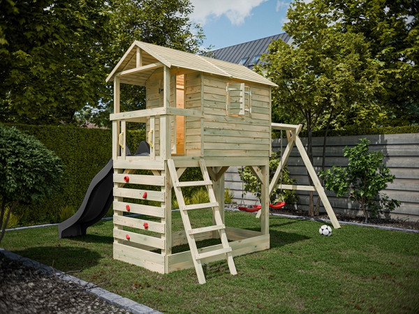 Cabane sur pilotis en bois autoclave Luis avec portique double et toboggan gris