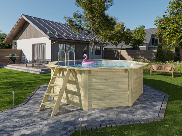 Piscine en bois modèle X1, terrasse et système de filtration inclus