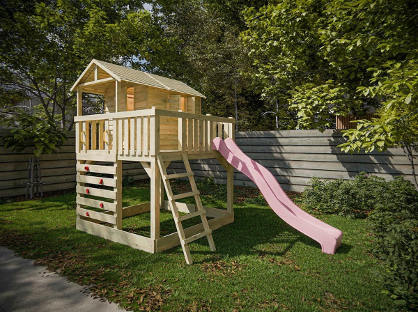 Cabane sur pilotis en bois autoclave Noah avec toboggan rose
