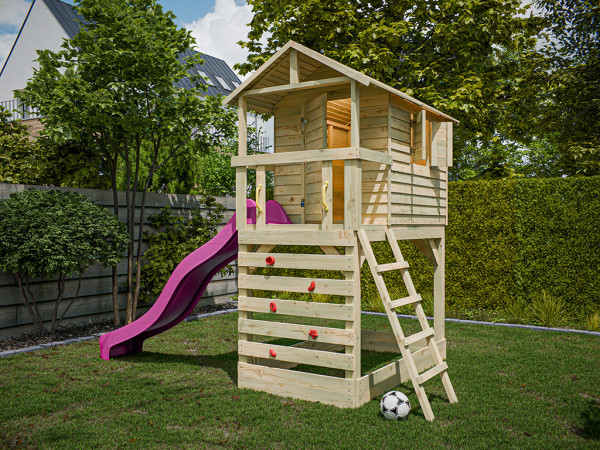 Cabane sur pilotis en bois autoclave avec toboggan rose Luis