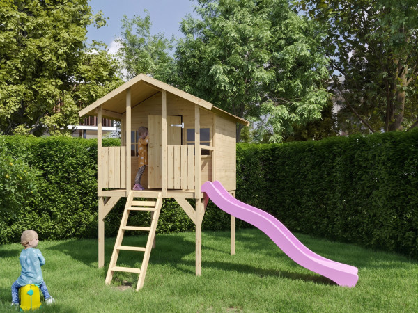 Cabane de jardin sur pilotis Toby incl. toboggan rose