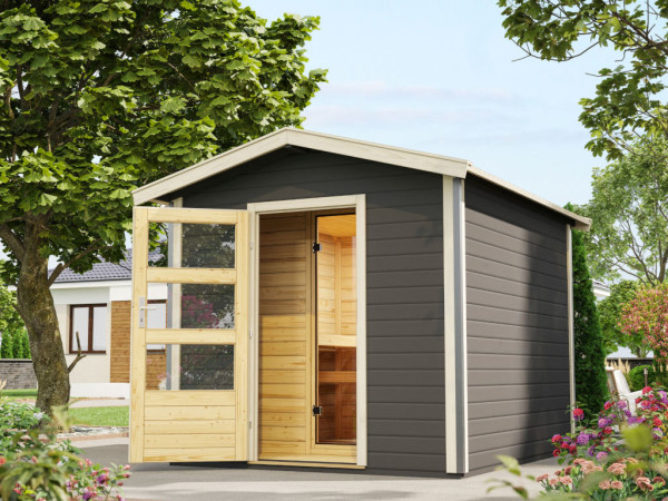 Sauna maison Feldkirch avec vestibule 38 mm gris