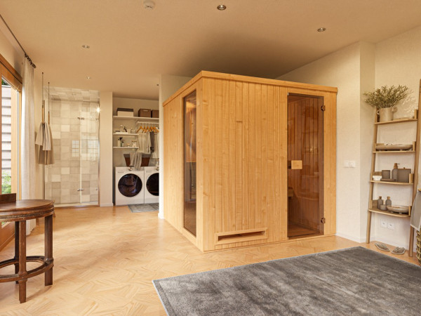 Sauna modulaire Lea 1 68 mm avec porte moderne, brut / non traité, avec poêle bio 9 kW