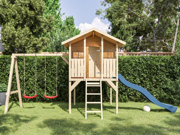 Cabane sur pilotis en bois autoclave “Toby” avec portique double et toboggan bleu