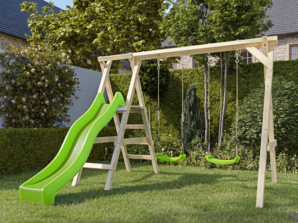 Portique double avec plateforme Cosy Double en bois autoclave avec toboggan vert et 2 balançoires ve
