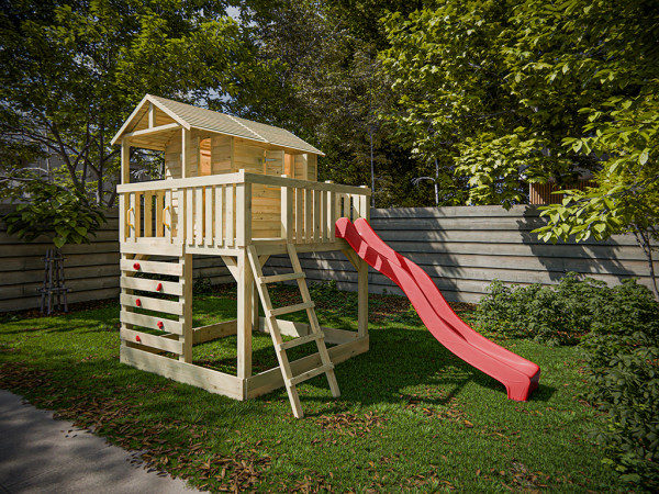 Cabane sur pilotis en bois autoclave Noah avec toboggan rouge