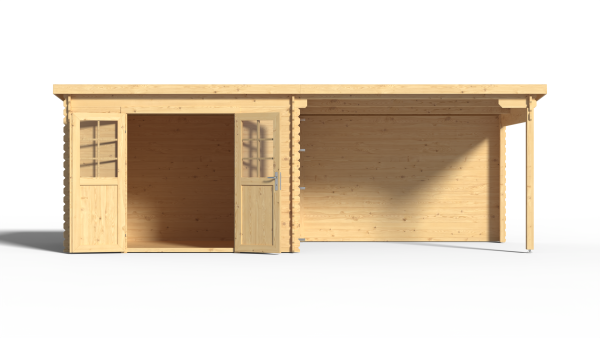 Abri de jardin en bois CA2977 28 mm naturel avec auvent de 3 m