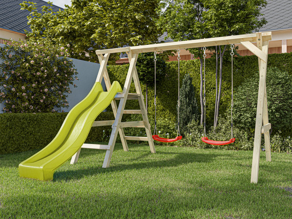 Portique double avec plateforme Cosy Double en bois autoclave avec toboggan jaune et 2 balançoires r