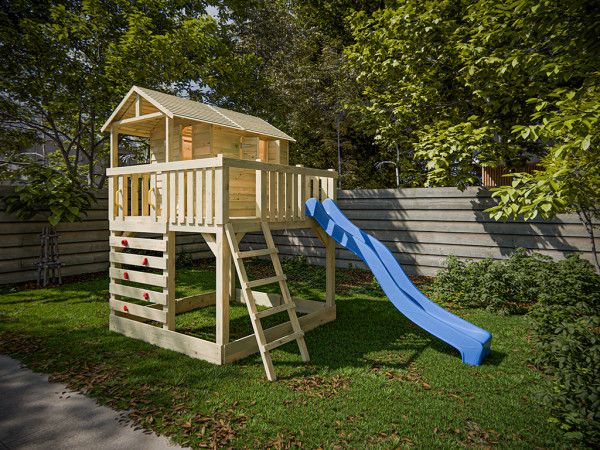 Cabane sur pilotis en bois autoclave avec toboggan bleu Noah