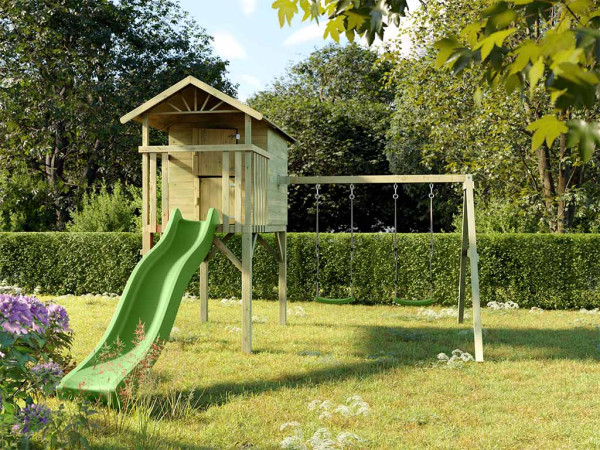 Cabane enfants sur pilotis Tree Hut KDI avec double balançoire et toboggan vert