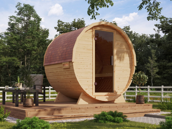 Pack avantageux Sauna tonneau Royal 1 avec poêle de sauna 9 kW avec commande intégrée