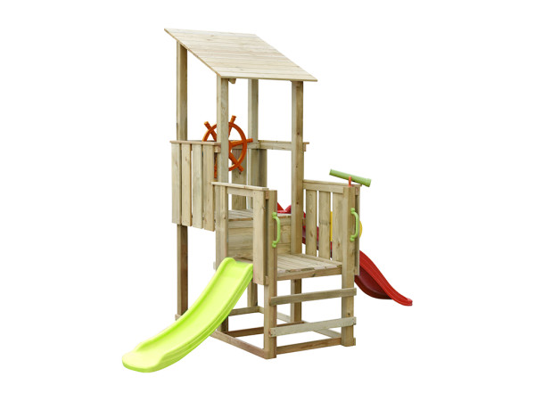 Aire de jeu Pirate en bois autoclave avec 2 toboggans rouge et vert + accessoires