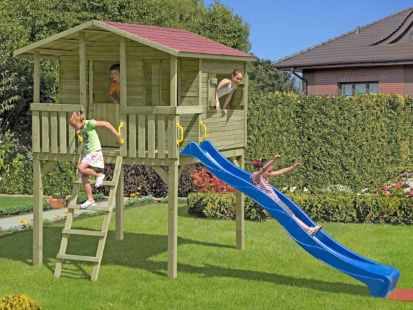 Cabane sur pilotis en bois autoclave avec toboggan bleu “Leon”