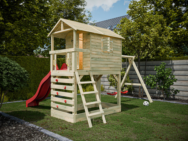 Cabane sur pilotis en bois autoclave Luis avec portique double et toboggan rouge