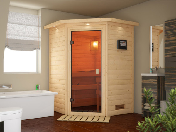 L'image montre un sauna avec rebord de toit (non inclus)