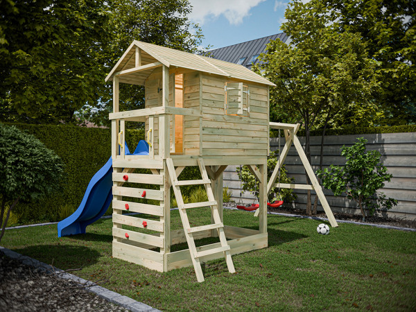 Cabane sur pilotis en bois autoclave Luis avec portique double et toboggan bleu