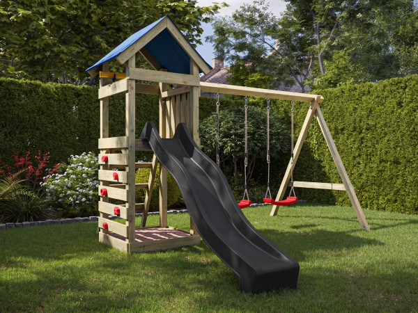Aire de jeux Easy en bois autoclave avec portique double, toboggan gris et sièges rouges