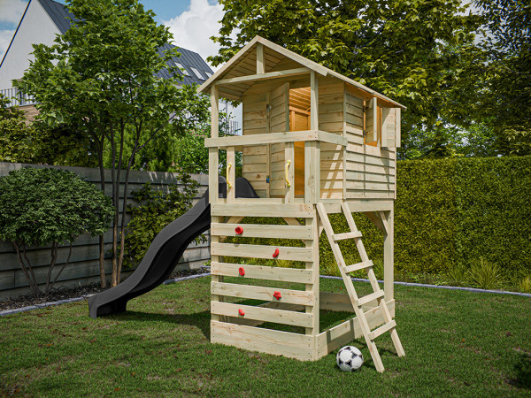 Cabane sur pilotis en bois autoclave avec toboggan gris Luis