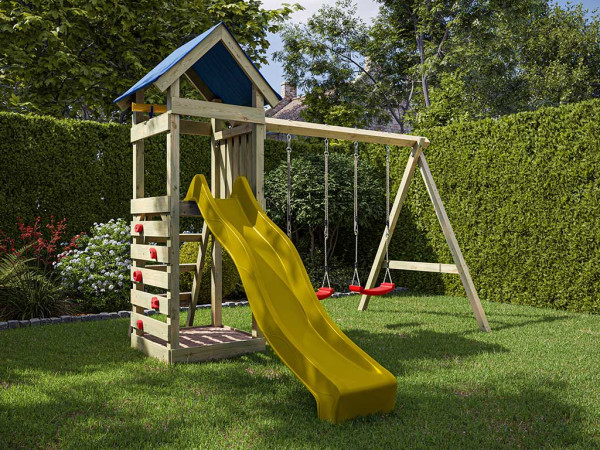 Aire de jeu Easy en bois autoclave avec portique, 2 balançoires, toboggan jaune + sièges rouges