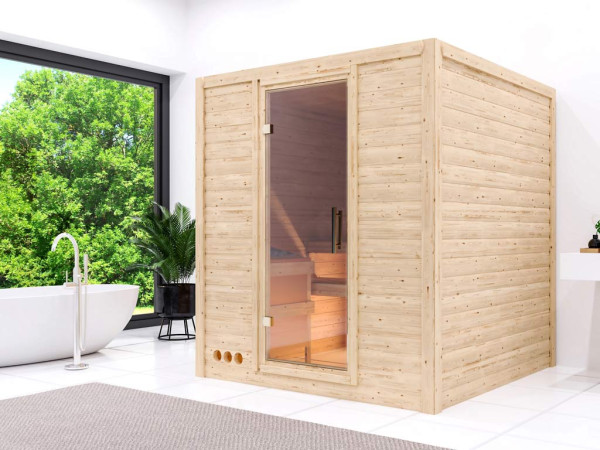 Sauna en bois massif Premiumsauna 38 mm Eva SPARSET avec poêle bio combiné 9 kW et commande externe.