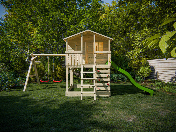Cabane sur pilotis en bois autoclave Henry avec portique double et toboggan vert