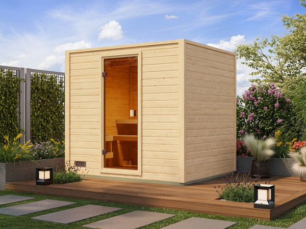 Sauna extérieur KARIBU "Lenchen 3" brut avec porte entièrement vitrée en verre bronzé