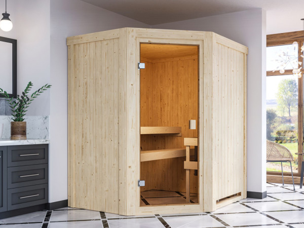 Pack avantageux Sauna avec éléments préfabriqués 68 mm KARIBU "Celine 0" avec poêle de sauna 3,6 kW