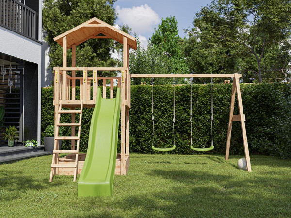 Aire de jeux Tilly Premium en bois de mélèze avec portique double balançoire, toboggan vert et siège