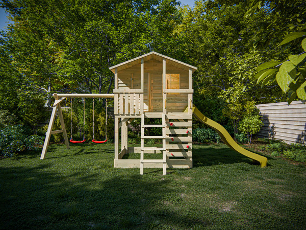 Cabane sur pilotis en bois autoclave Henry avec portique double et toboggan jaune