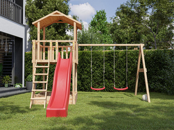 Aire de jeu Tilly Premium en bois de mélèze avec portique double, toboggan rouge et sièges rouges