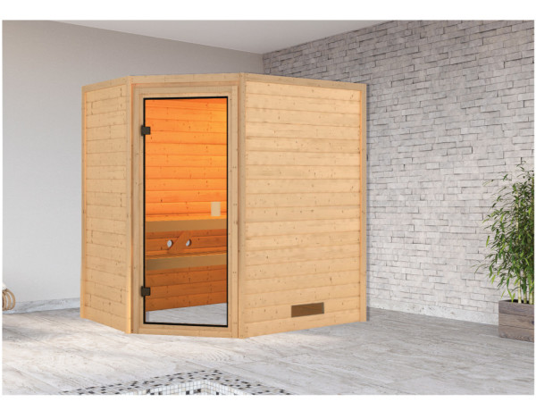 Karibu Sauna en bois massif 38 mm Katie SPARSET avec poêle de sauna 4,5 kW et commande intégrée.