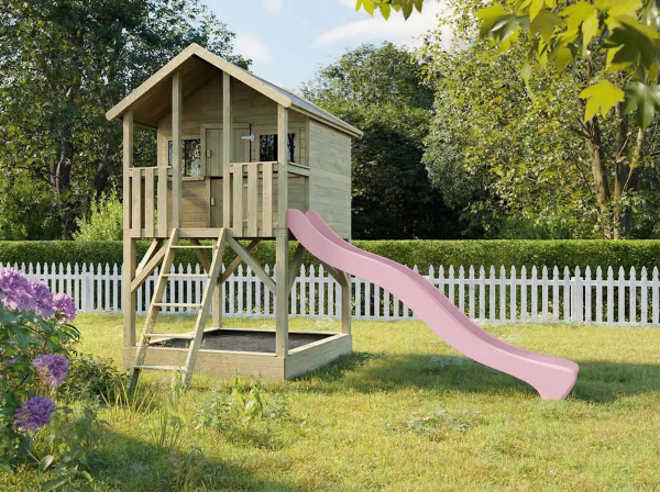 Cabane de jardin sur pilotis Big House avec bac à sable KDI y compris toboggan rose