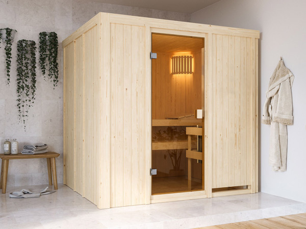 Sauna à éléments 68 mm Celine 2 SPARSET avec poêle Glow 6,8 kW et commande externe.