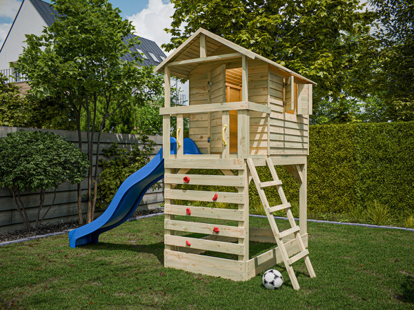 Cabane sur pilotis en bois autoclave avec toboggan bleu Luis