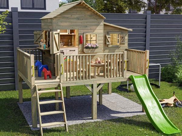 Maisonnette enfants Butterflu traitée par autoclave XL avec toboggan vert