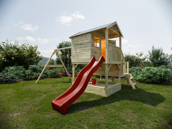 Maisonnette sur pilotis Amsterdam KDI avec balançoire double et toboggan, rouge
