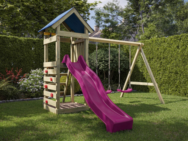 Aire de jeux Easy en bois autoclave avec portique double, toboggan rose et sièges roses
