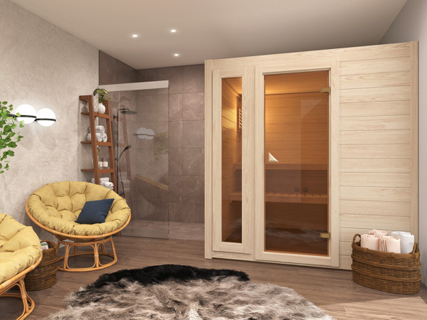Sauna bois massif SET ÉCONOMIQUE Kananga, poêle de 9 kW avec commande interne inclus