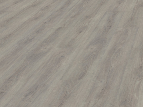 Sol vinyle haut de gamme décor chêne gris clair, lame large, système de clipsage
