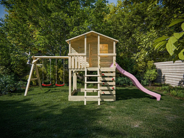 Cabane sur pilotis en bois autoclave Henry avec portique double et toboggan rose