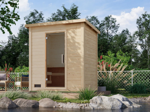 Sauna maison Lene 1 en bois de 38 mm, naturellement traité, avec poêle et accessoires inclus